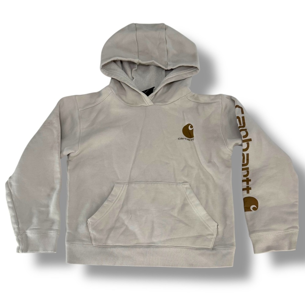 Kids Carhartt Beige Logo Graphic Hoodie Sweatshirt Size M 10-12